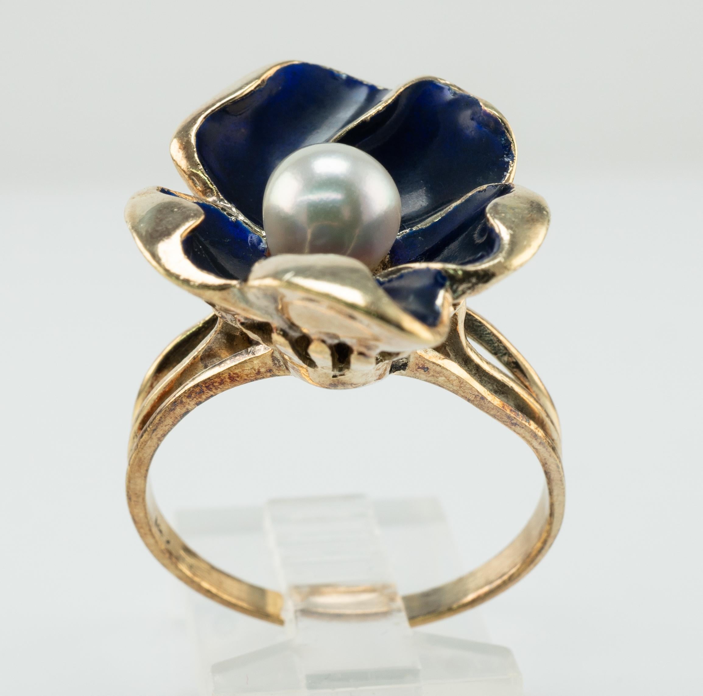 Blue Enamel Pearl Ring Flower 14k Gold Vintage For Sale 6