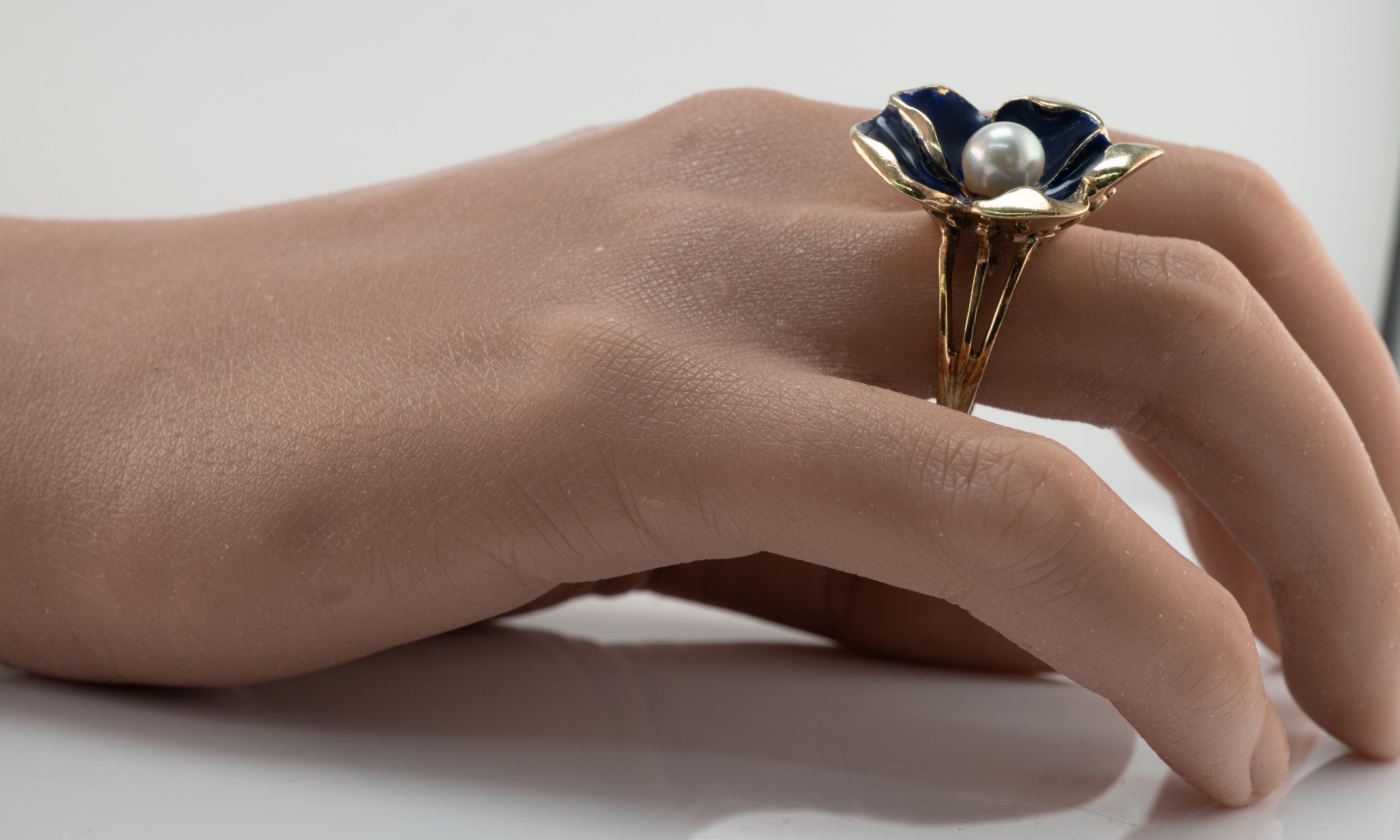 Blue Enamel Pearl Ring Flower 14k Gold Vintage For Sale 7