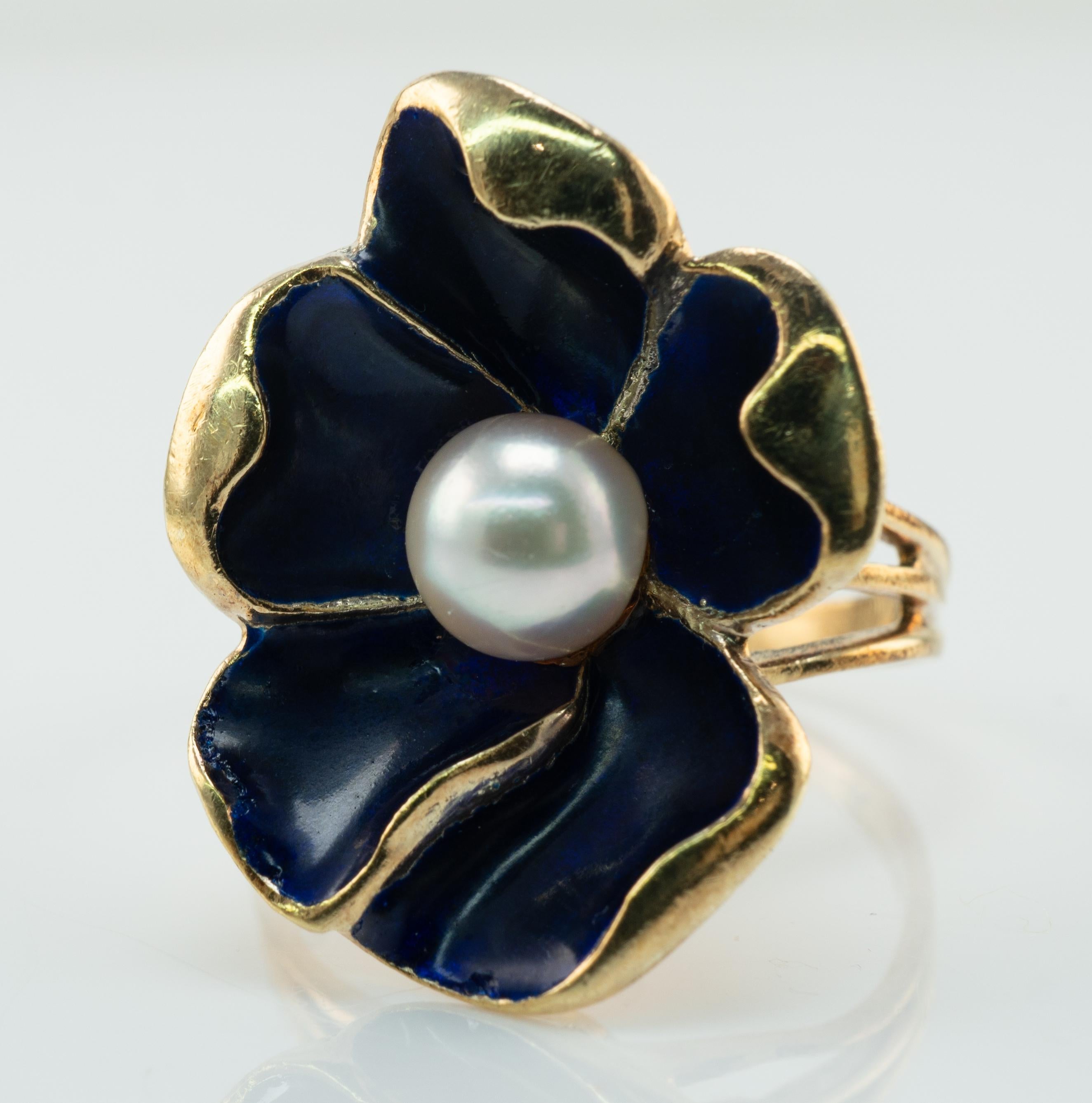 Blue Enamel Pearl Ring Flower 14k Gold Vintage For Sale 2