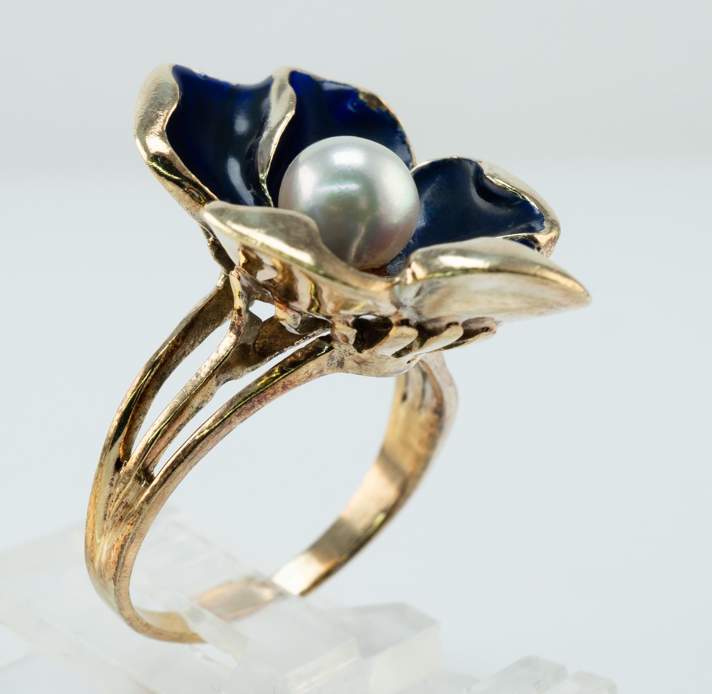 Blue Enamel Pearl Ring Flower 14k Gold Vintage For Sale 3