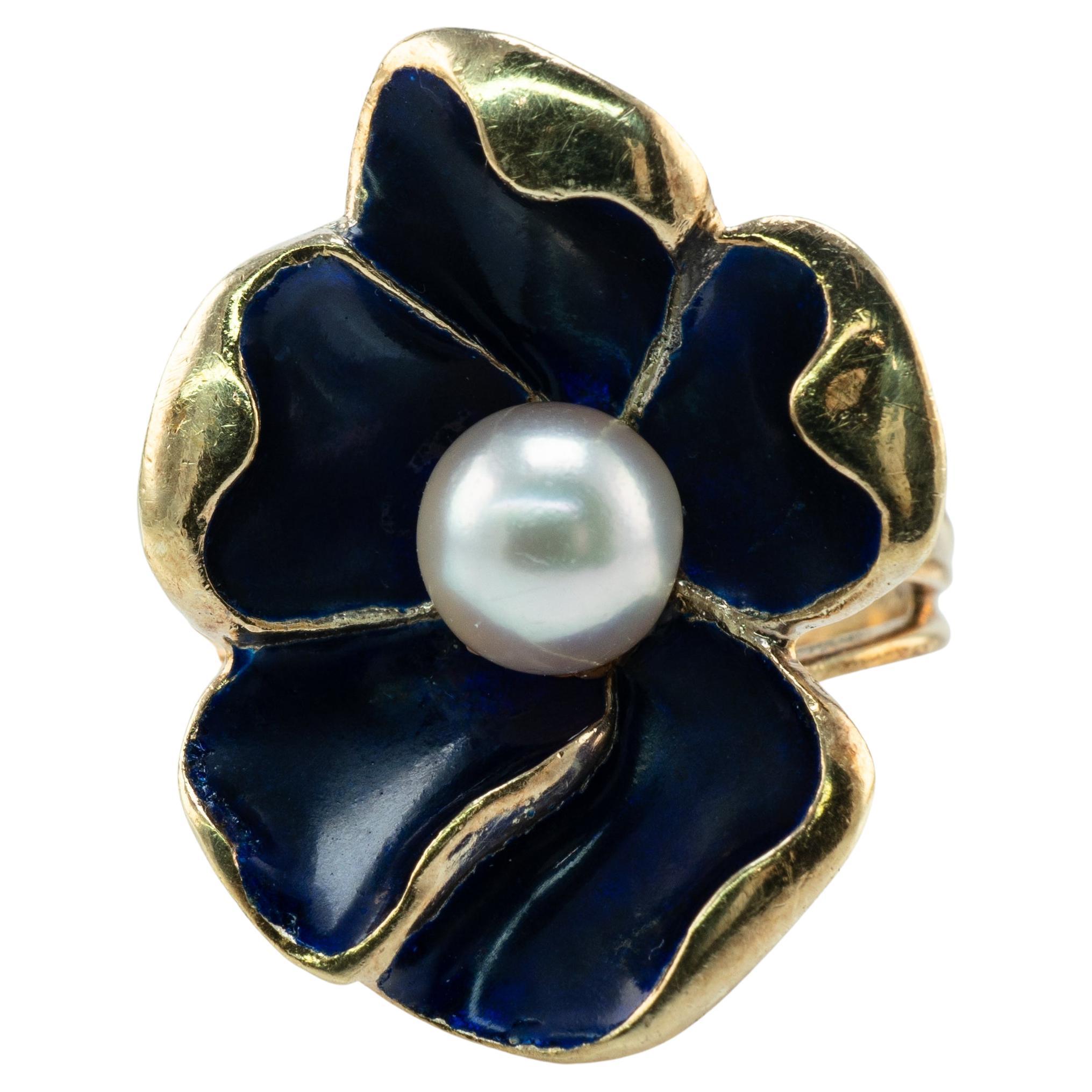 Blue Enamel Pearl Ring Flower 14k Gold Vintage For Sale