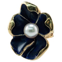 Bague perle émail bleu fleur or 14k vintage