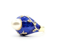 Blue Enamel Pearl Ring in 14k Yellow Gold