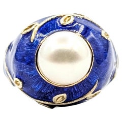 Blue Enamel Pearl Ring in 14k Yellow Gold