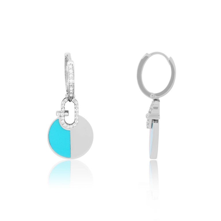 Blue Enamel Round Diamond Dangle Drop Geometric Earrings 14K White Gold For  Sale at 1stDibs