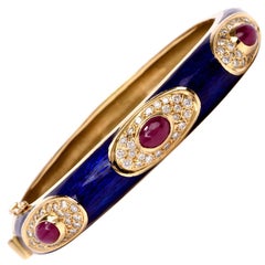 Blue Enamel Ruby Diamond 18 Karat Gold Bangle Bracelet