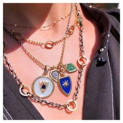 Blue Enamel Shield Pendant in 14 Karat Gold with Diamond Star on Gold Rolo chain