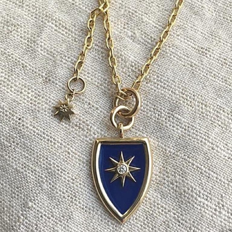 Contemporary Blue Enamel Shield Pendant in 14 Karat Gold with Diamond Star on Gold Rolo chain For Sale