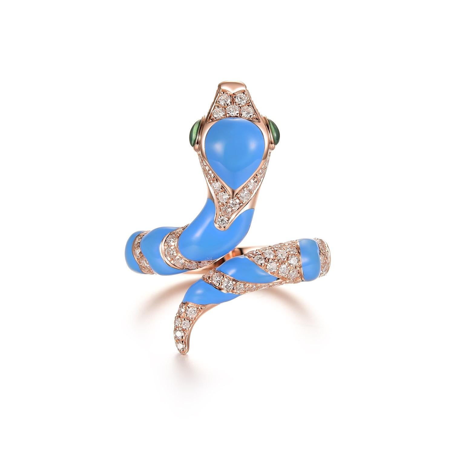 This stunning snake ring features 0.55 carat of white round diamonds, the body is covered with blue enamel. The eyes of the ring is set with green jade. The snake can be customized in any color or stones. Feel free to contact me for inquiry. More