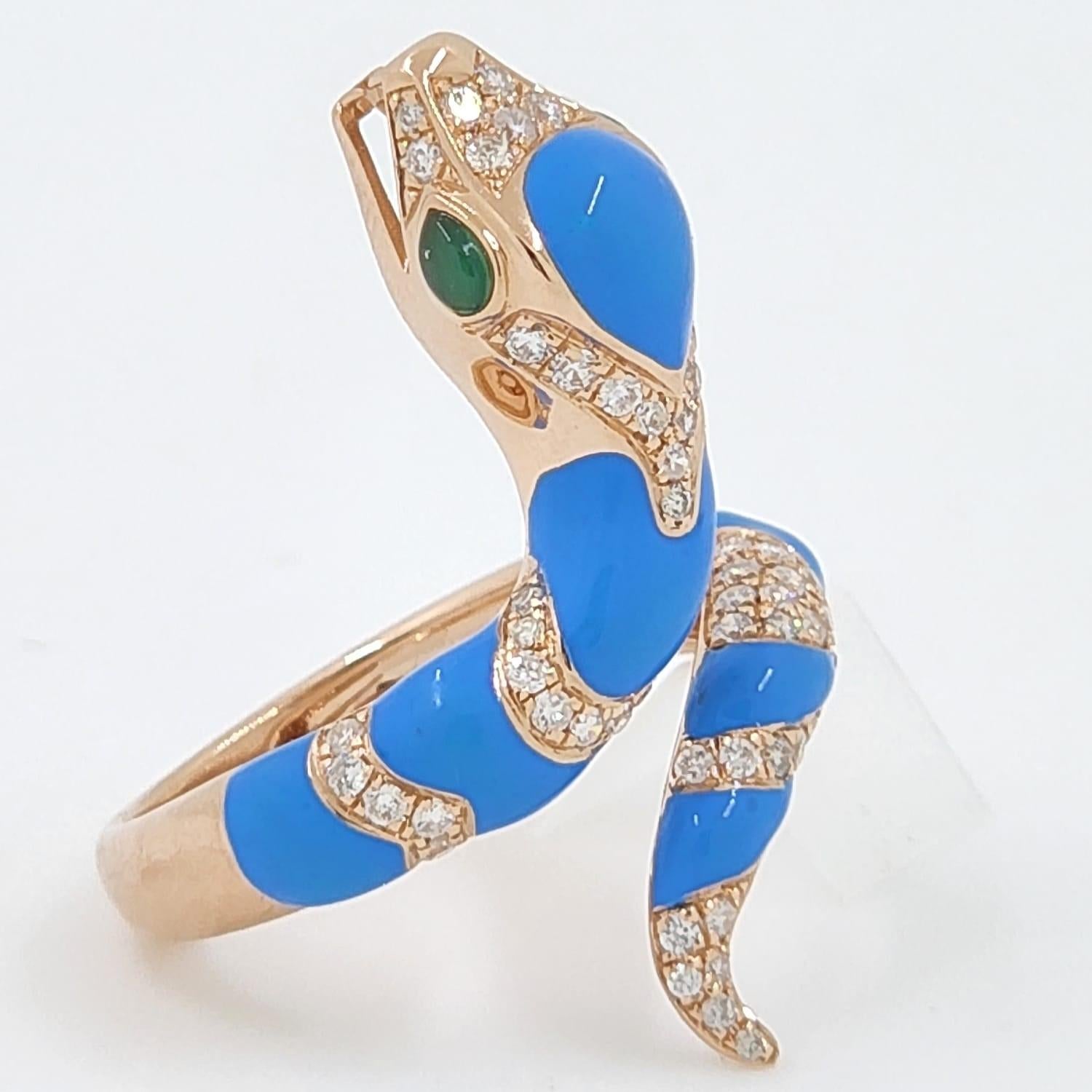 Modern Turquoise Color Enamel Snake Diamond Ring in 18 Karat Rose Gold