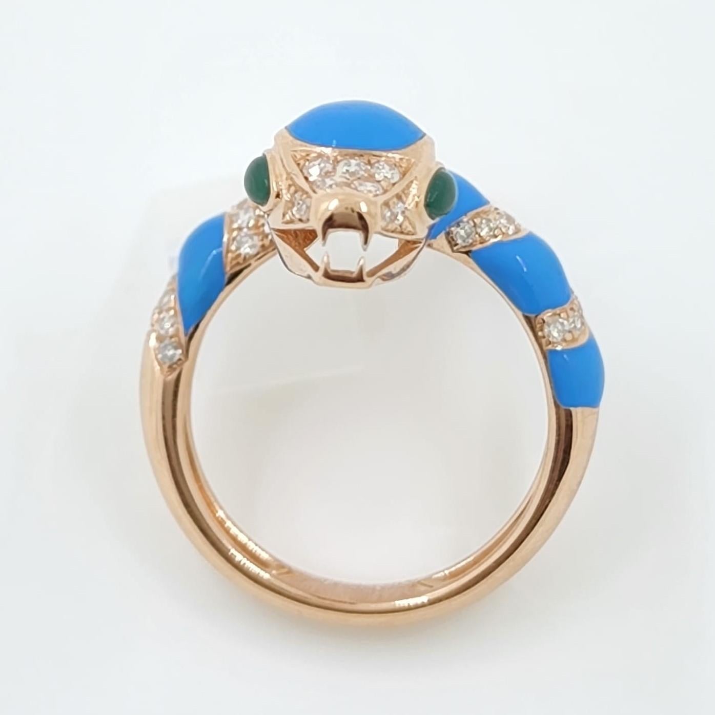 Round Cut Turquoise Color Enamel Snake Diamond Ring in 18 Karat Rose Gold