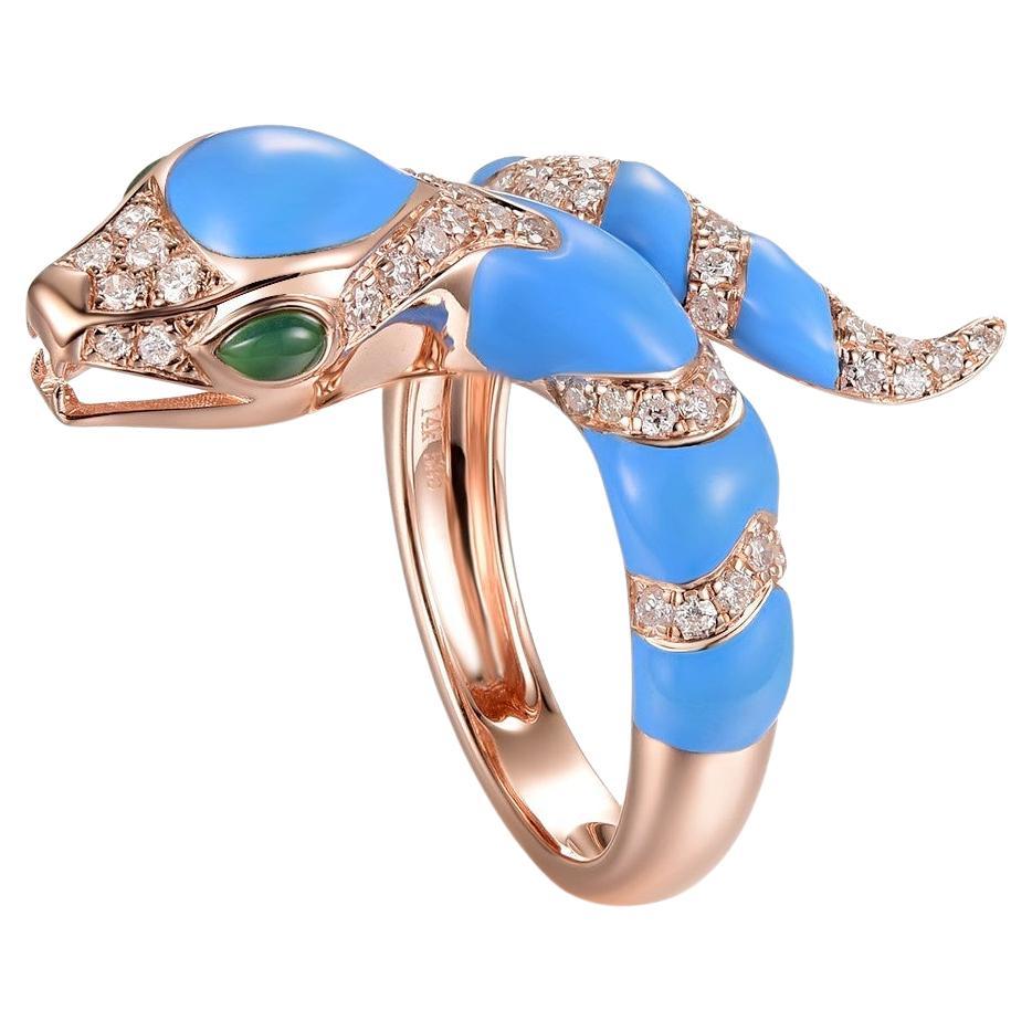 Turquoise Color Enamel Snake Diamond Ring in 18 Karat Rose Gold