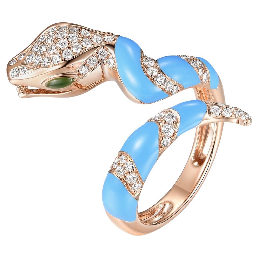 Turquoise Color Enamel Snake Diamond Ring in 18 Karat Rose Gold For Sale