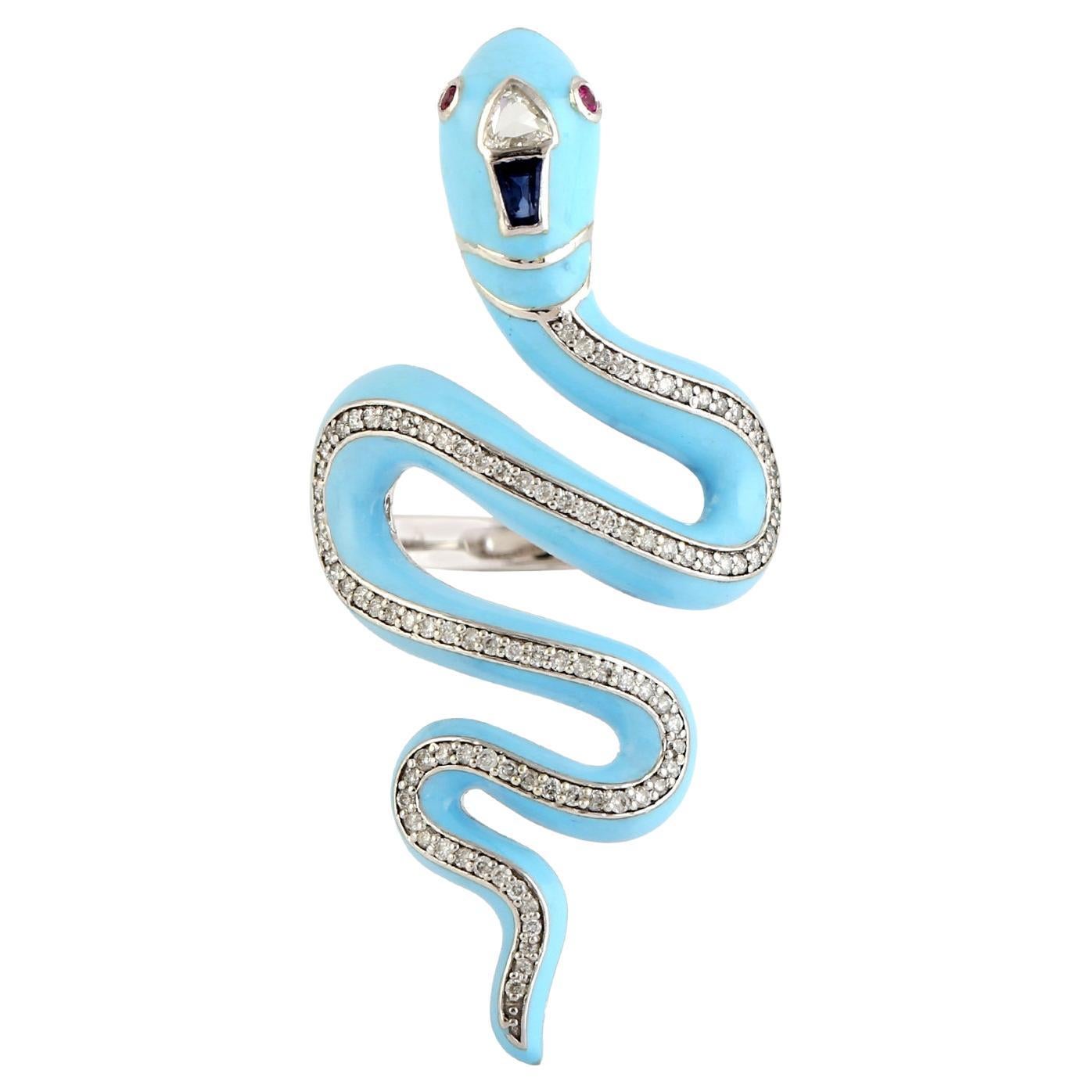 Blue Enamel Snake Shaped Long Ring With Ruby, Sapphire & Pave Diamonds