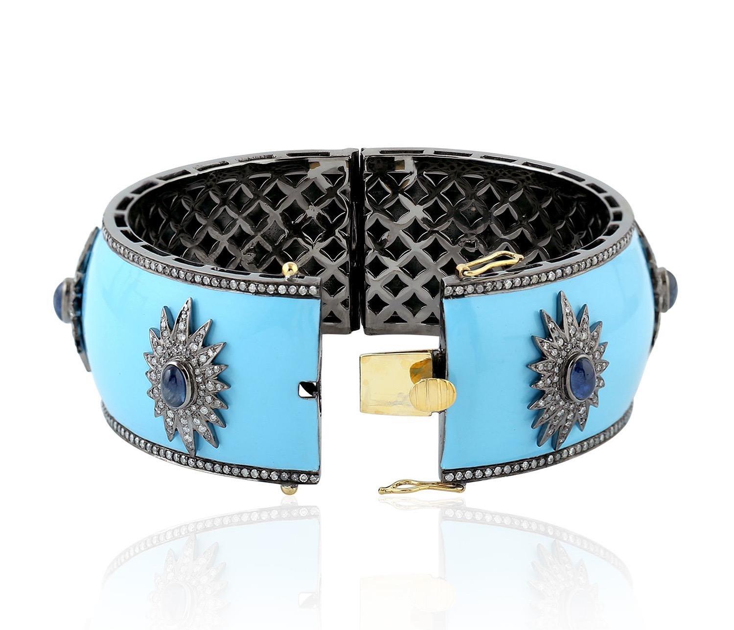 Artisan Blue Enamel Starburst Diamond Bangle Bracelet For Sale