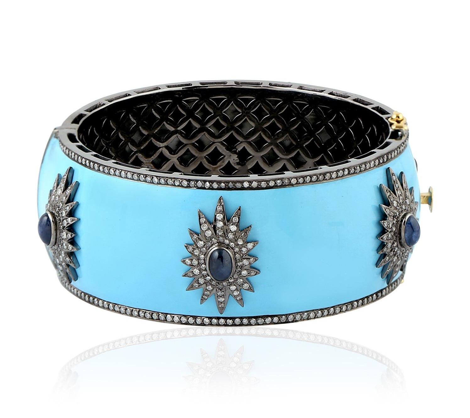 Oval Cut Blue Enamel Starburst Diamond Bangle Bracelet For Sale