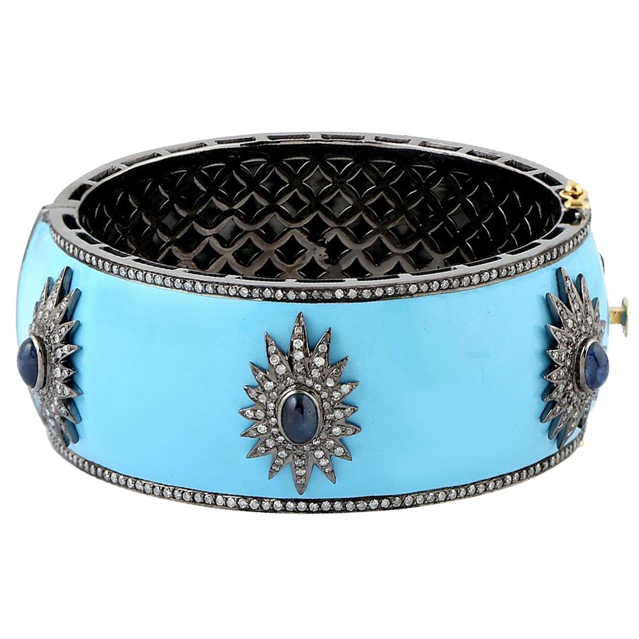 Blue Enamel Starburst Diamond Bangle Bracelet
