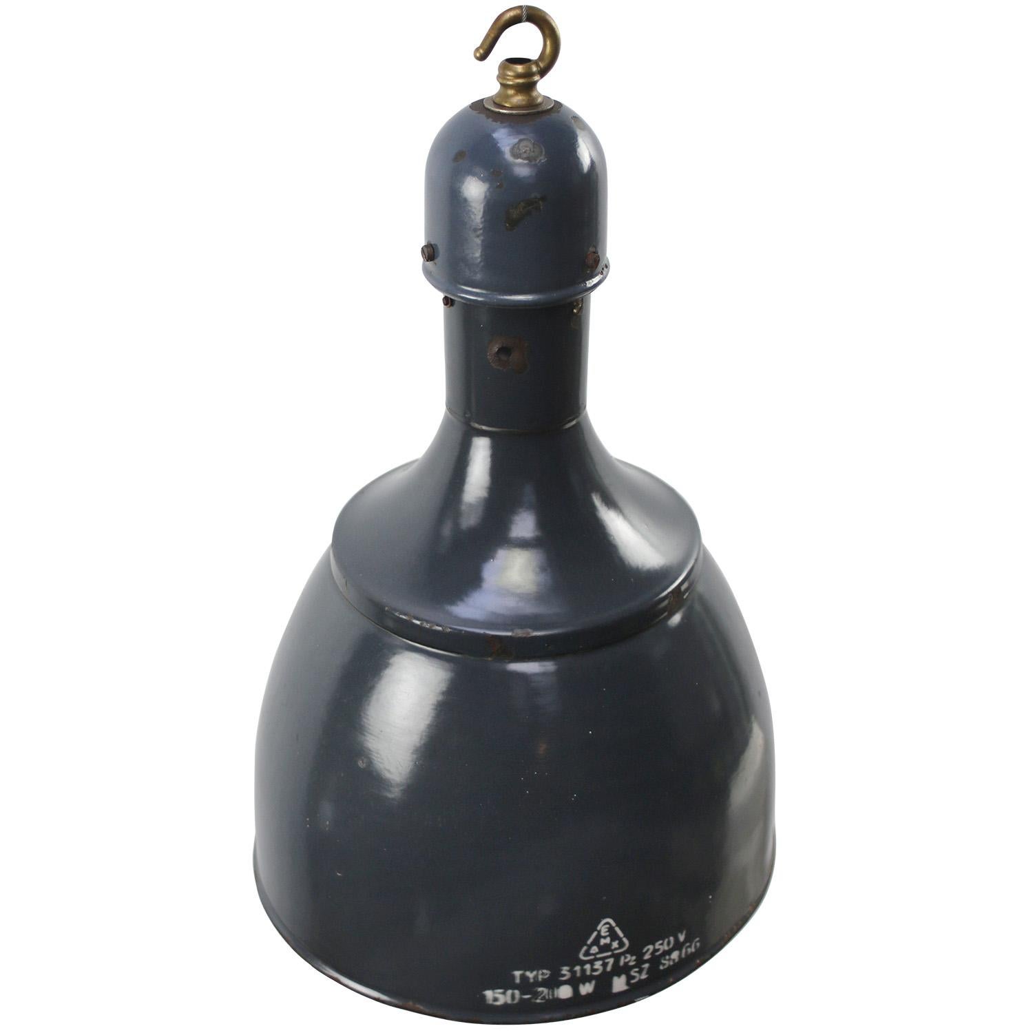 Blue enamel Factory pedant light
White interior, brass top. 

Weight 2.3 kg or 5.1 lb.

Priced per individual item. All lamps have been made suitable by international standards for incandescent light bulbs, energy-efficient and LED bulbs. E26/E27