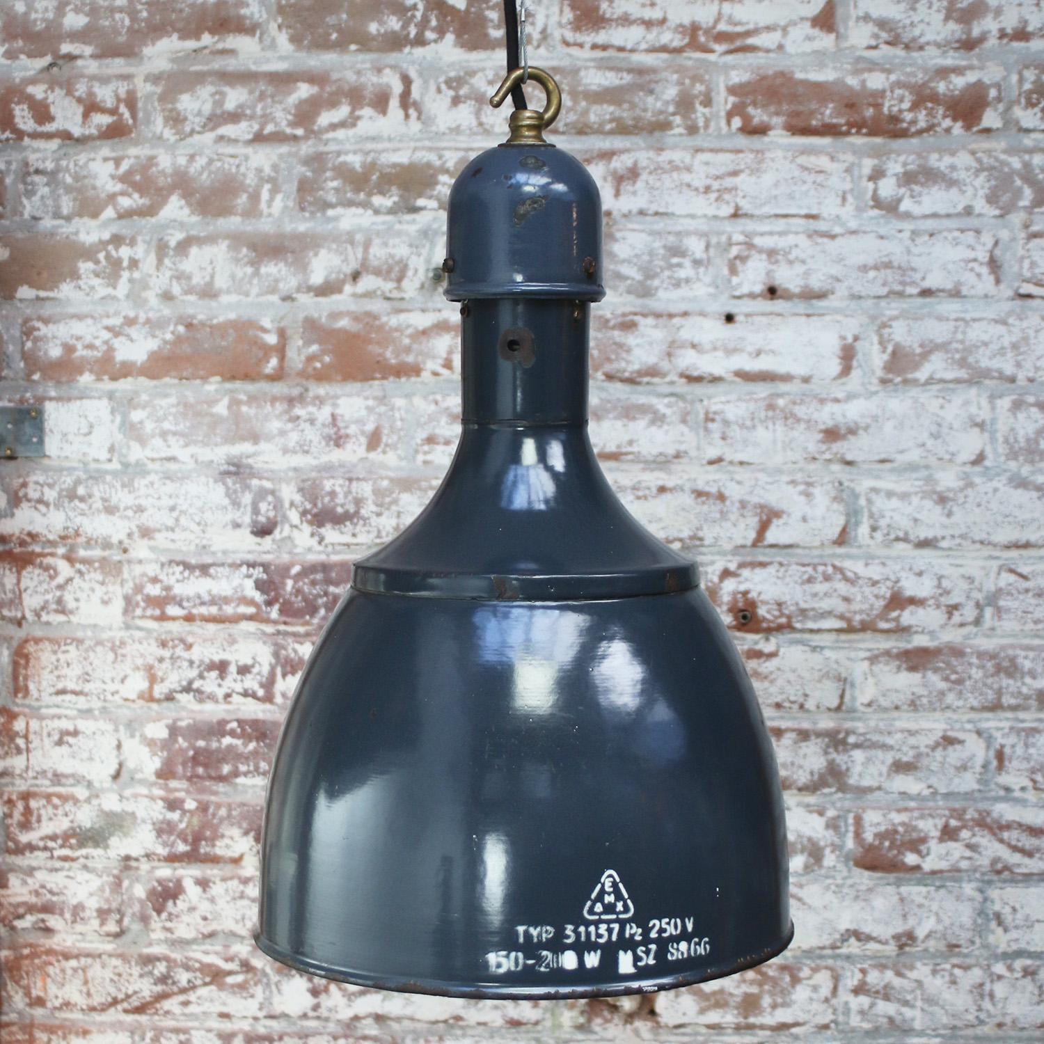 Blue Enamel Vintage Industrial Brass Pendants Lights In Good Condition For Sale In Amsterdam, NL