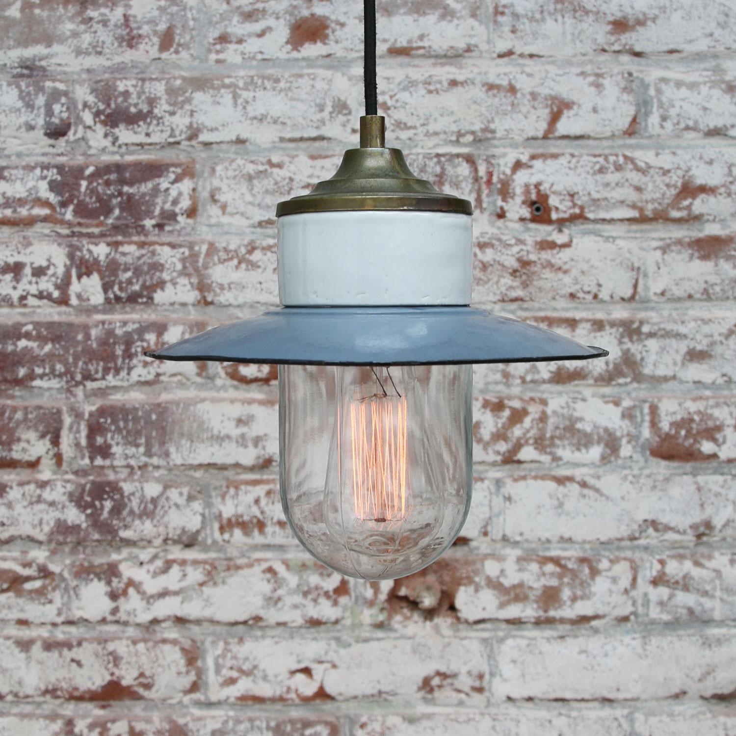 Blue Enamel Vintage Industrial Brass Porcelain Clear Glass Pendant Lights In Good Condition In Amsterdam, NL