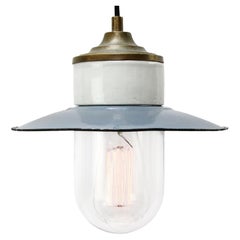 Blue Enamel Vintage Industrial Brass Porcelain Clear Glass Pendant Lights