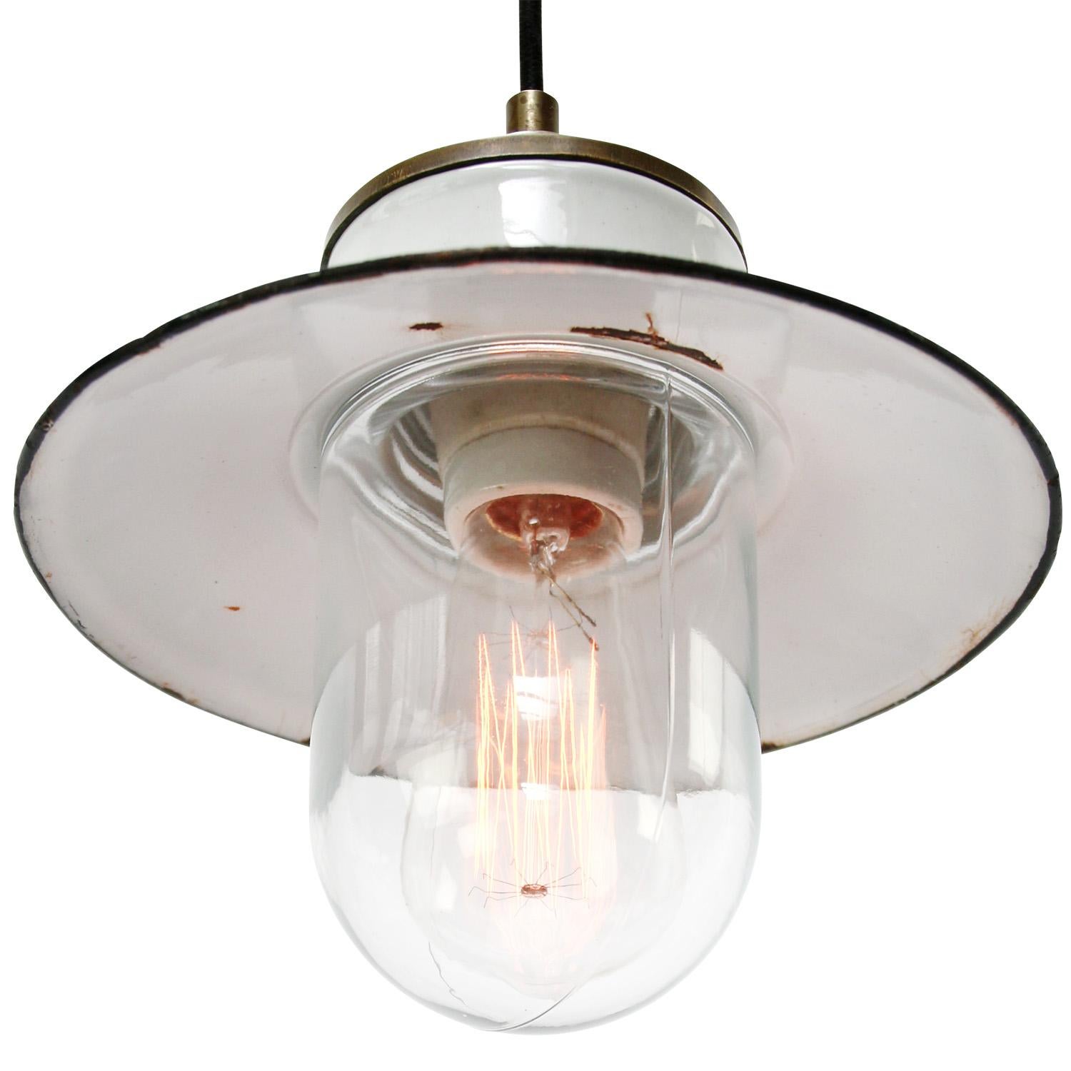 French Blue Enamel Vintage Industrial Brass Porcelain Clear Glass Pendant Lights