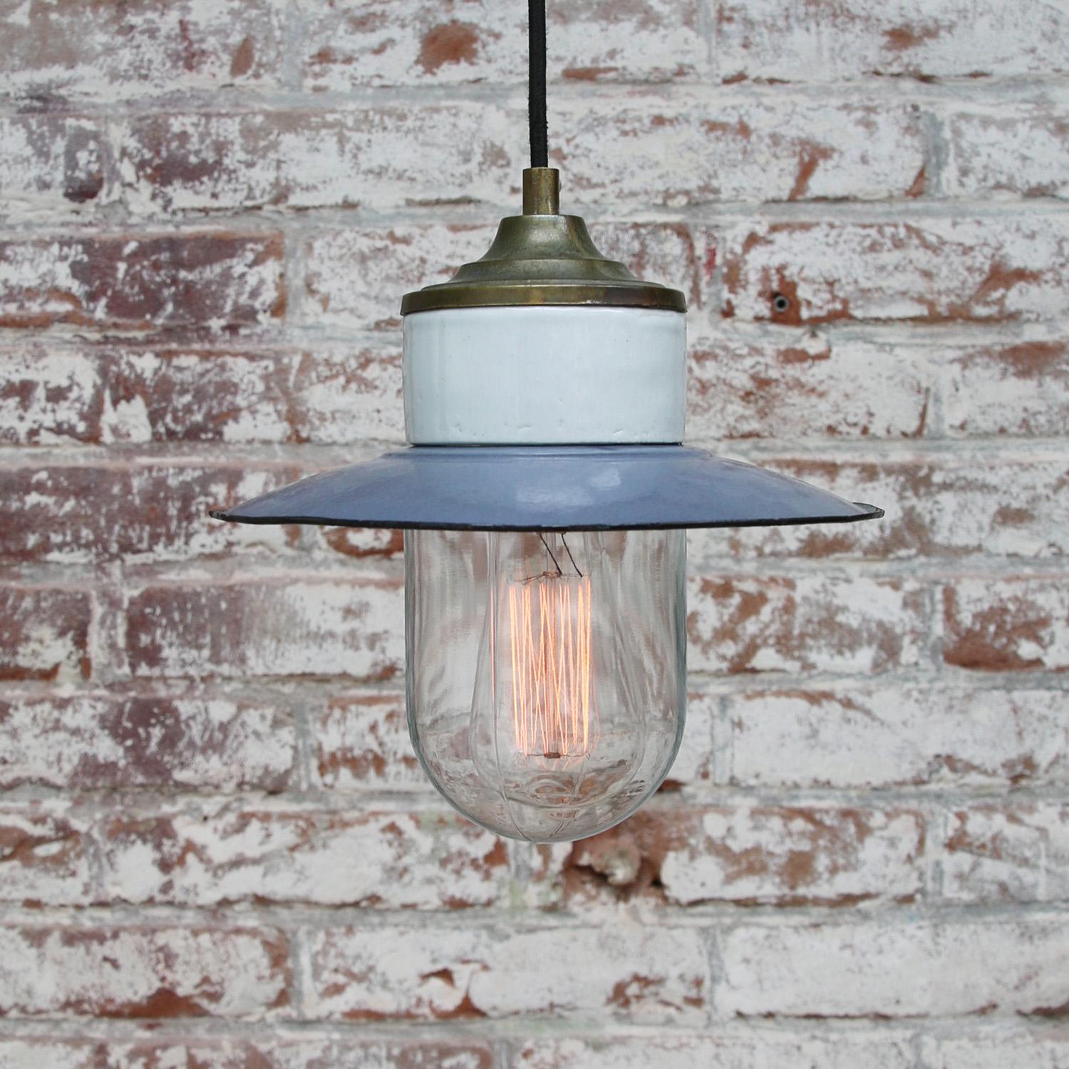 Blue Enamel Vintage Industrial Brass Porcelain Clear Glass Pendant Lights In Good Condition In Amsterdam, NL