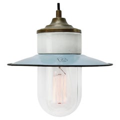 Blue Enamel Vintage Industrial Brass Porcelain Clear Glass Pendant Lights