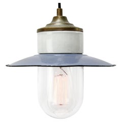 Blue Enamel Vintage Industrial Brass Porcelain Clear Glass Pendant Lights