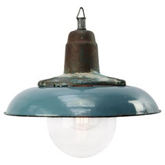 Blue Enamel Vintage Industrial Cast Iron Clear Glass Pendant Lamp