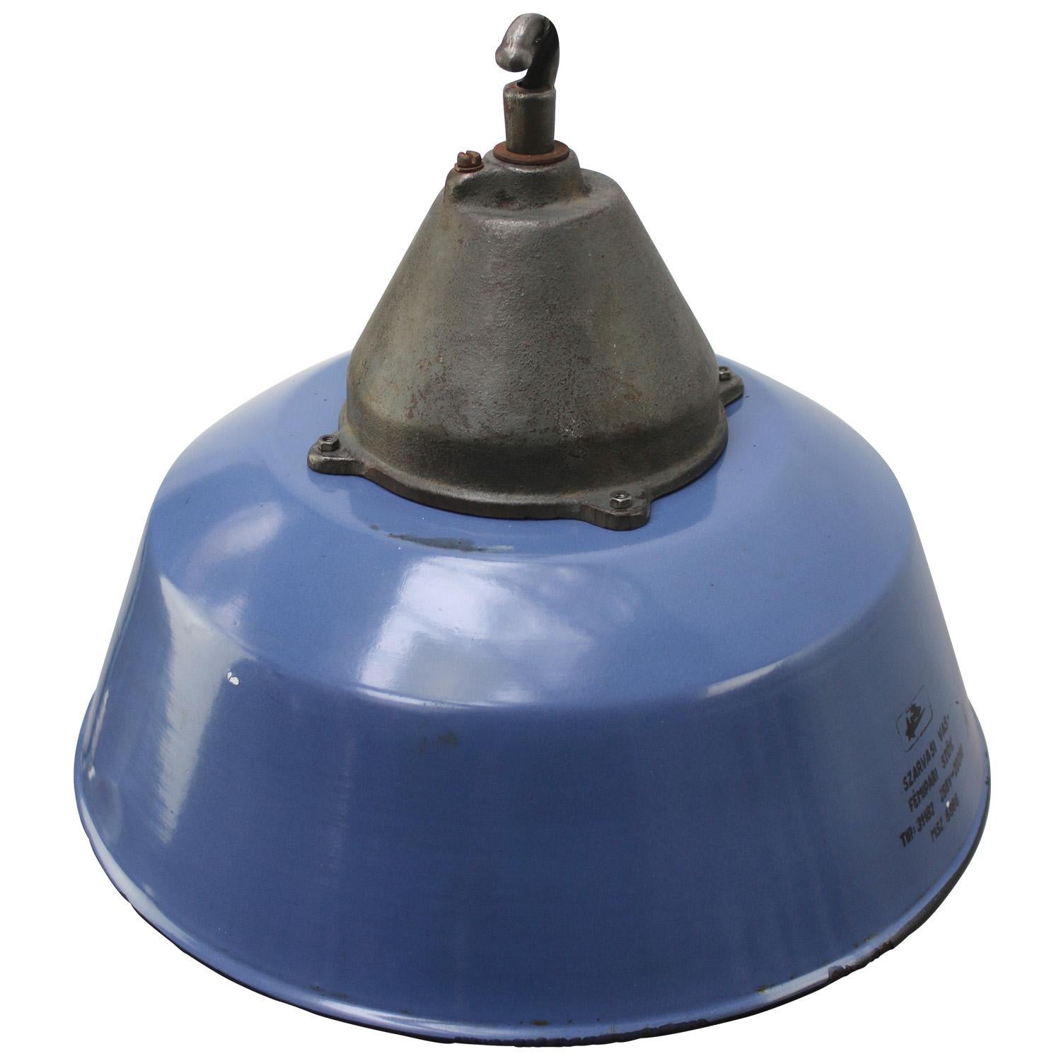 Factory hanging lamp
Blue enamel white interior
clear glass, cast iron top

Weight 5.5 kg / 12.1 lb

Priced per individual item. All lamps have been made suitable by international standards for incandescent light bulbs, energy-efficient and LED