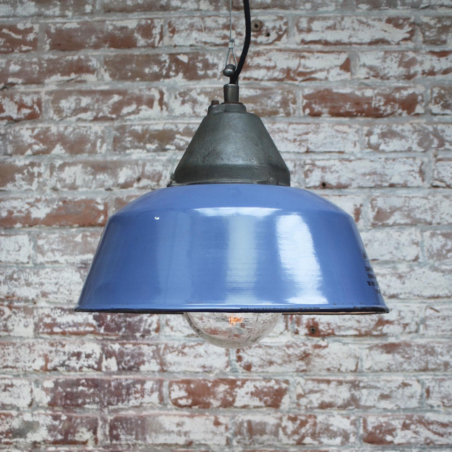 Blue Enamel Vintage Industrial Cast Iron Clear Glass Pendant Lights In Good Condition For Sale In Amsterdam, NL