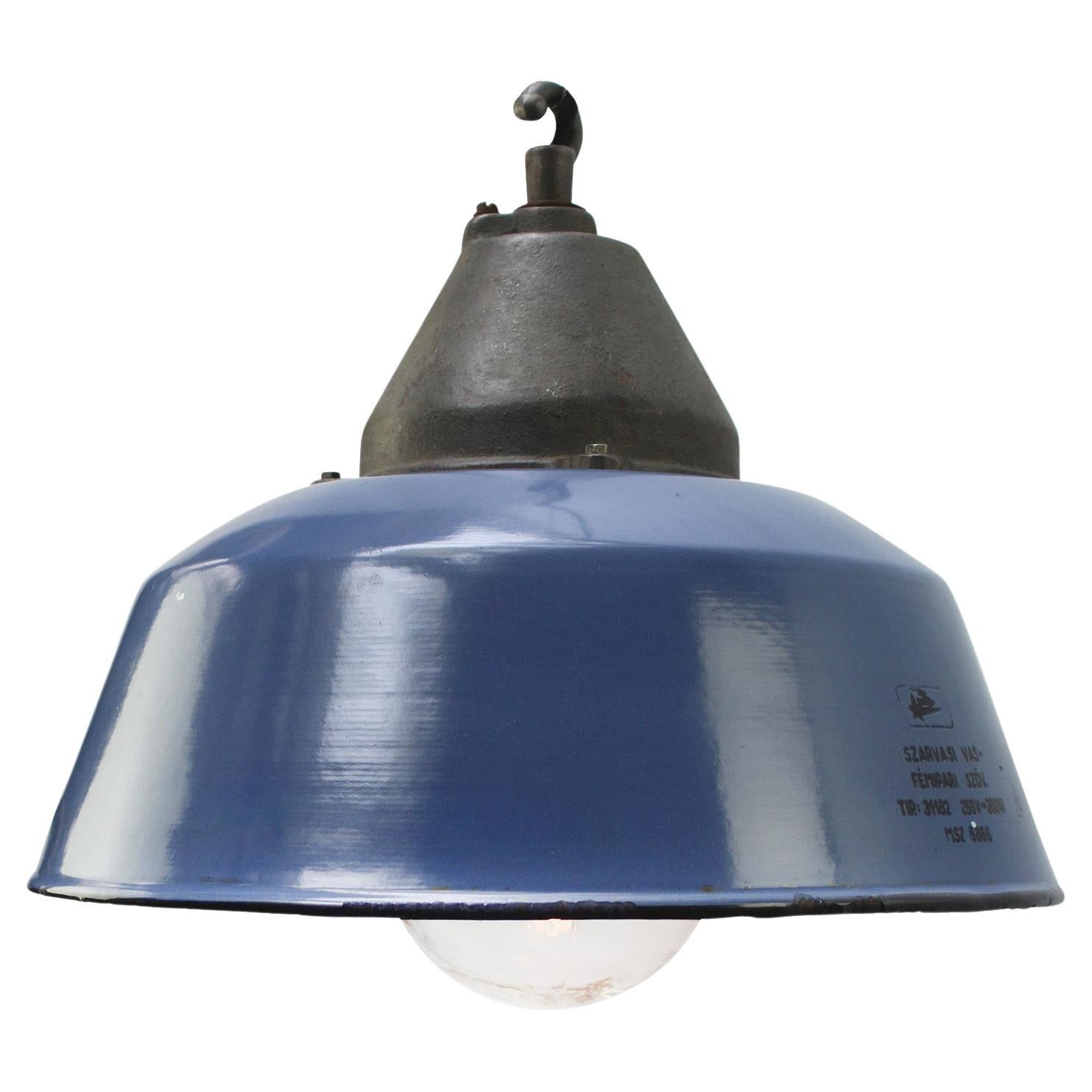 Blue Enamel Vintage Industrial Cast Iron Clear Glass Pendant Lights For Sale