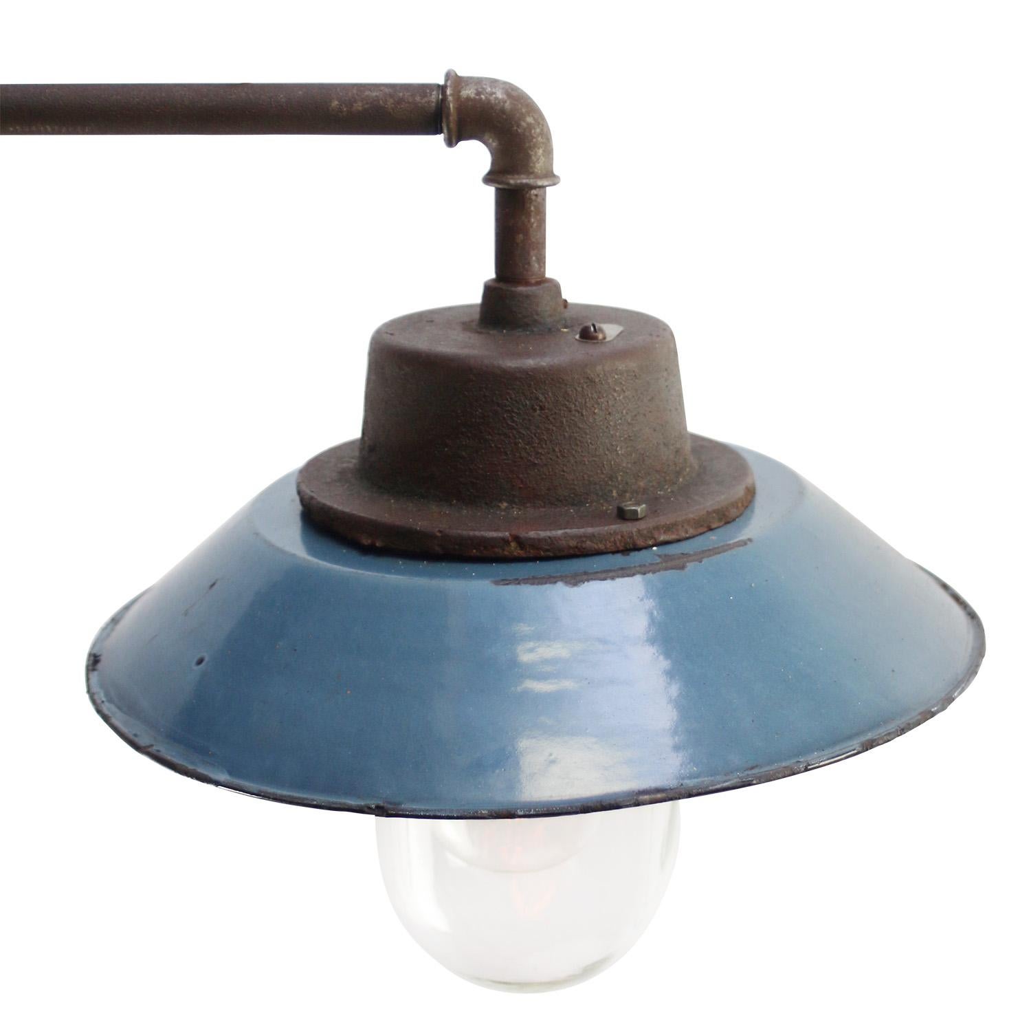 French Blue Enamel Vintage Industrial Cast Iron Clear Glass Scone Wall Lamp For Sale