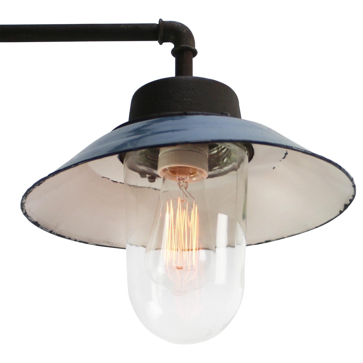 Blue Enamel Vintage Industrial Cast Iron Clear Glass Scone Wall Lamp In Good Condition For Sale In Amsterdam, NL