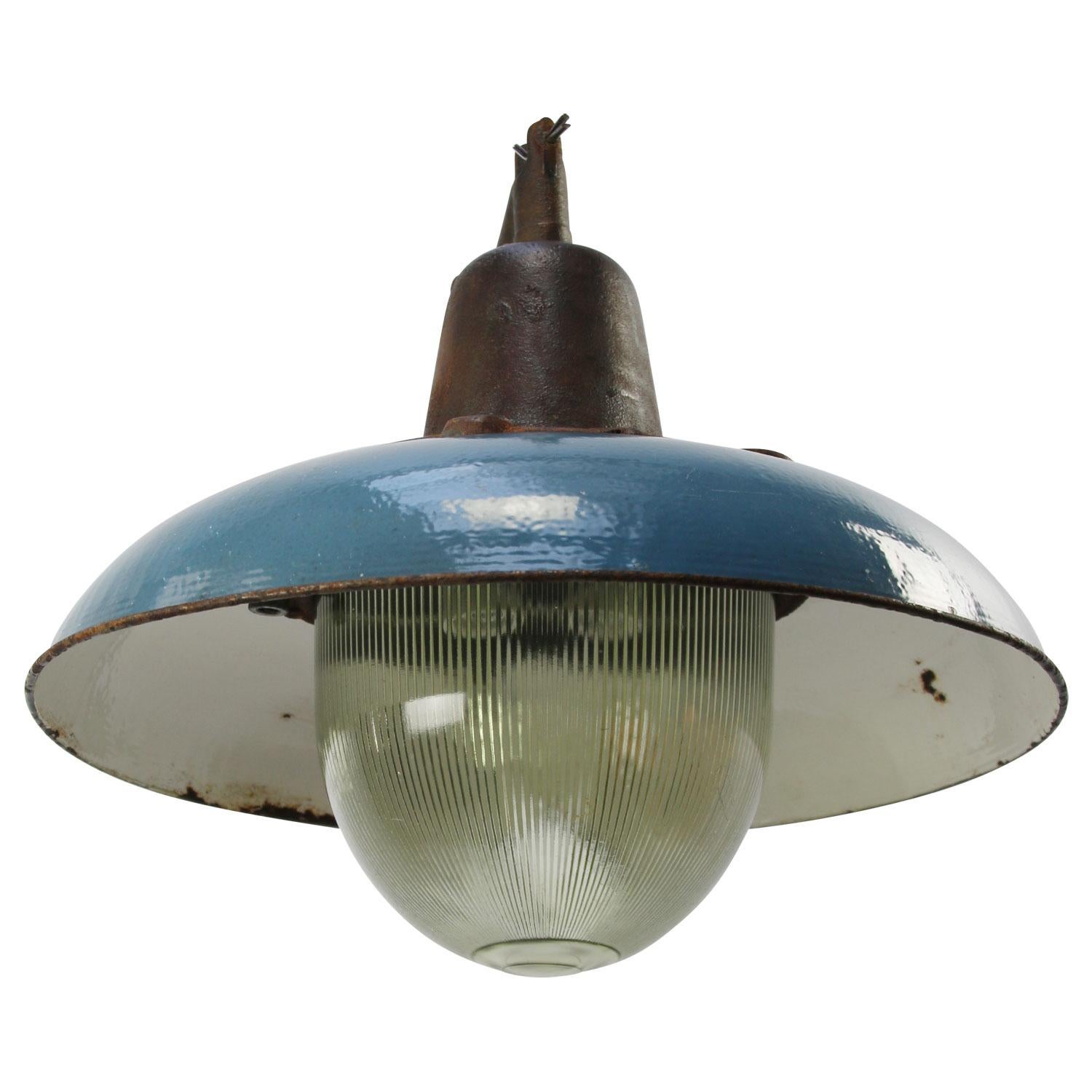 Polish Blue Enamel Vintage Industrial Cast Iron Holophane Glass Pendant Lamp