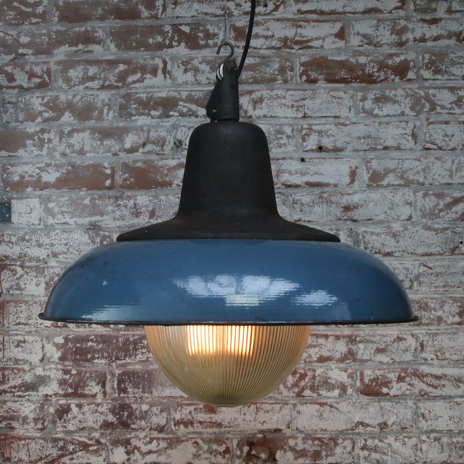 Blue Enamel Vintage Industrial Cast Iron Holophane Glass Pendant Lamp In Good Condition In Amsterdam, NL