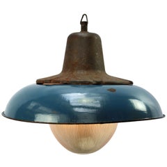 Blue Enamel Vintage Industrial Cast Iron Holophane Glass Pendant Lamp