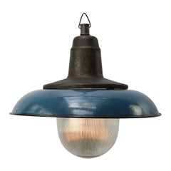 Blue Enamel Vintage Industrial Cast Iron Holophane Glass Pendant Lamp