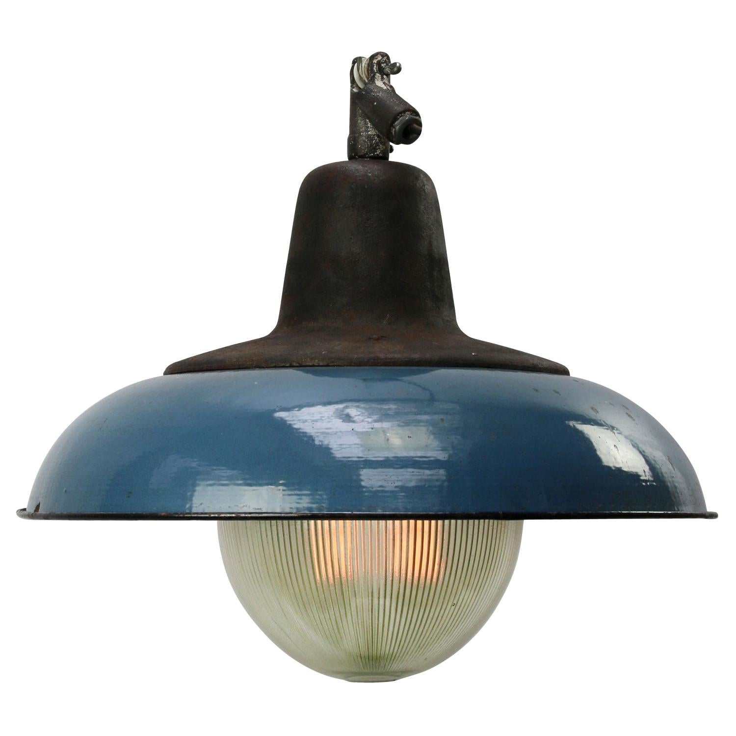 Blue Enamel Vintage Industrial Cast Iron Holophane Glass Pendant Lamp