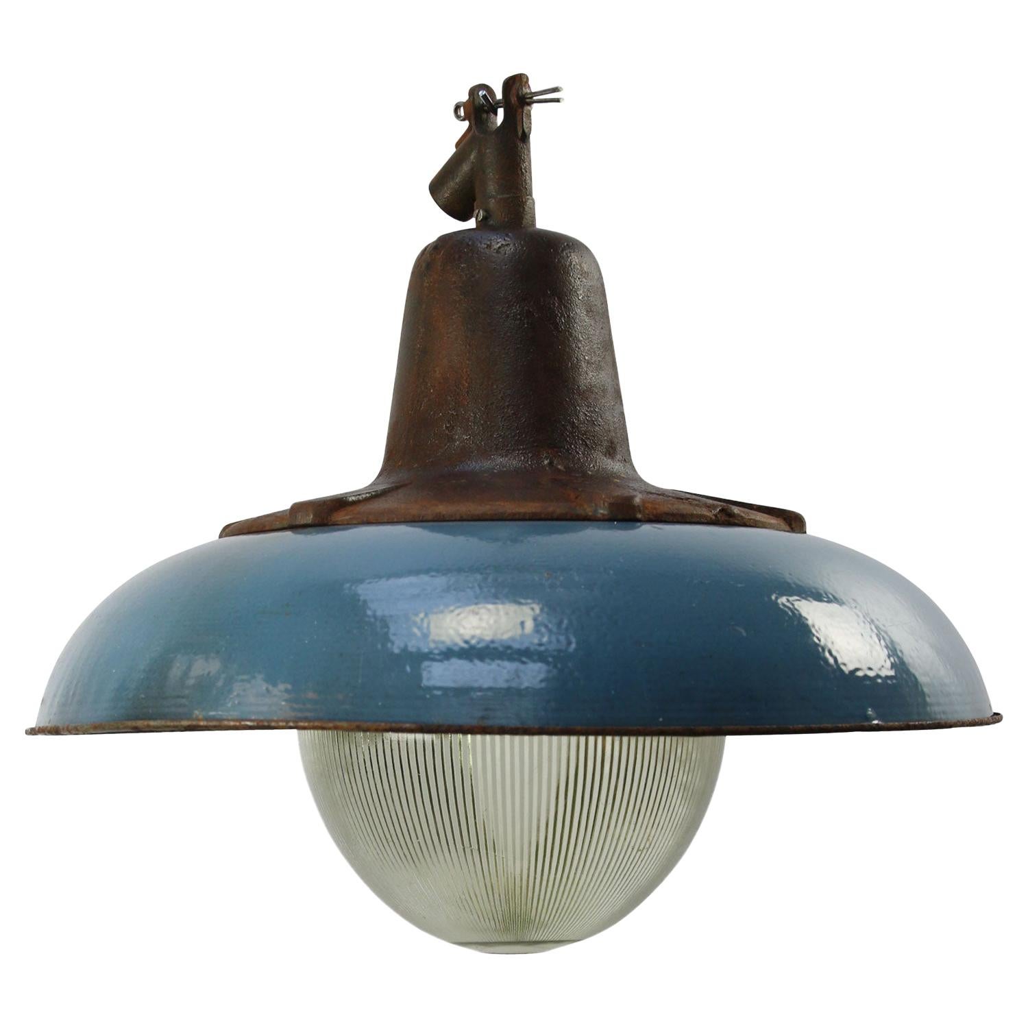 Blue Enamel Vintage Industrial Cast Iron Holophane Glass Pendant Lamp