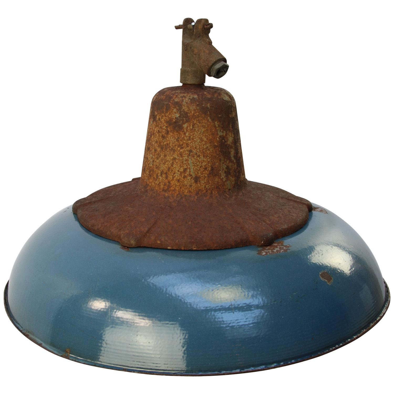 Polish Blue Enamel Vintage Industrial Cast Iron Holophane Glass Pendant Lamps