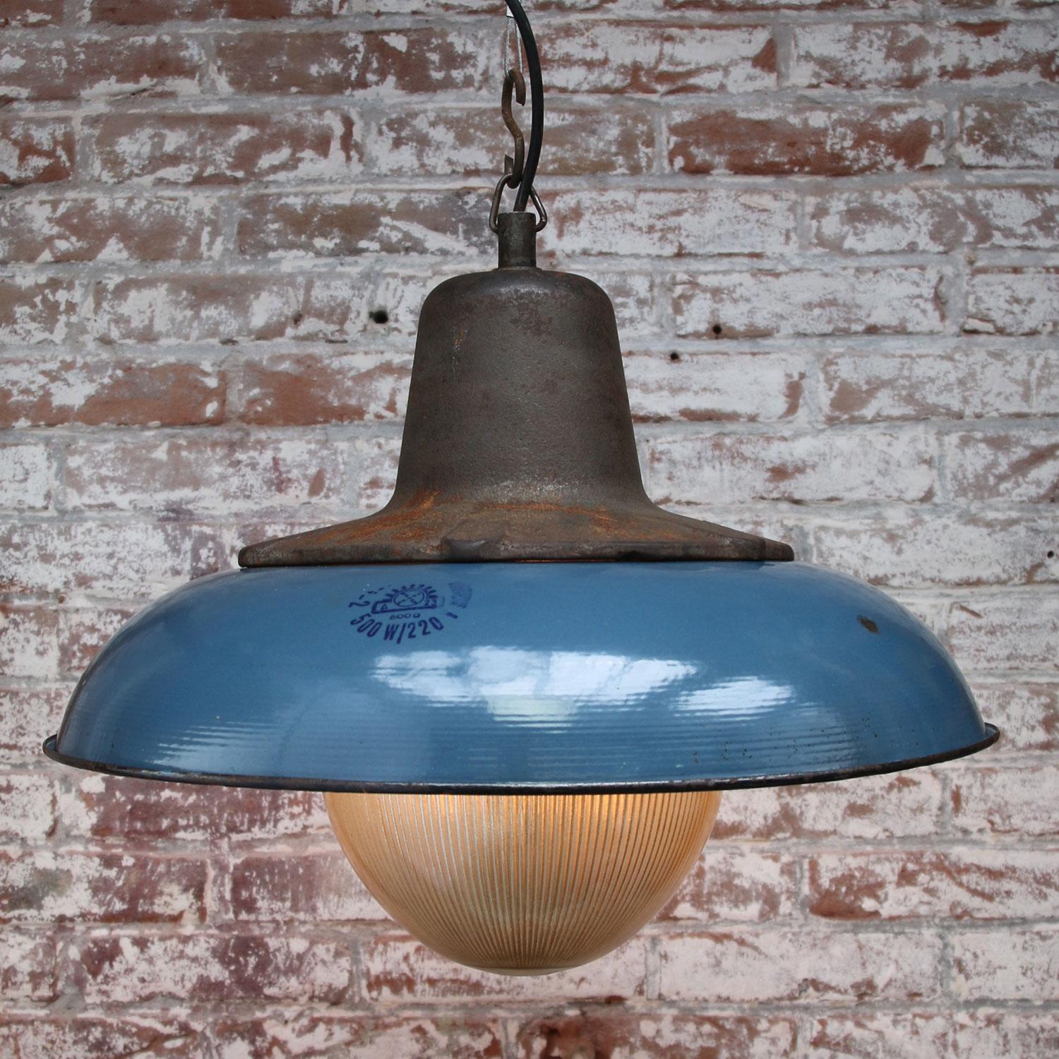 Blue Enamel Vintage Industrial Cast Iron Holophane Glass Pendant Lamps (10x) In Good Condition In Amsterdam, NL