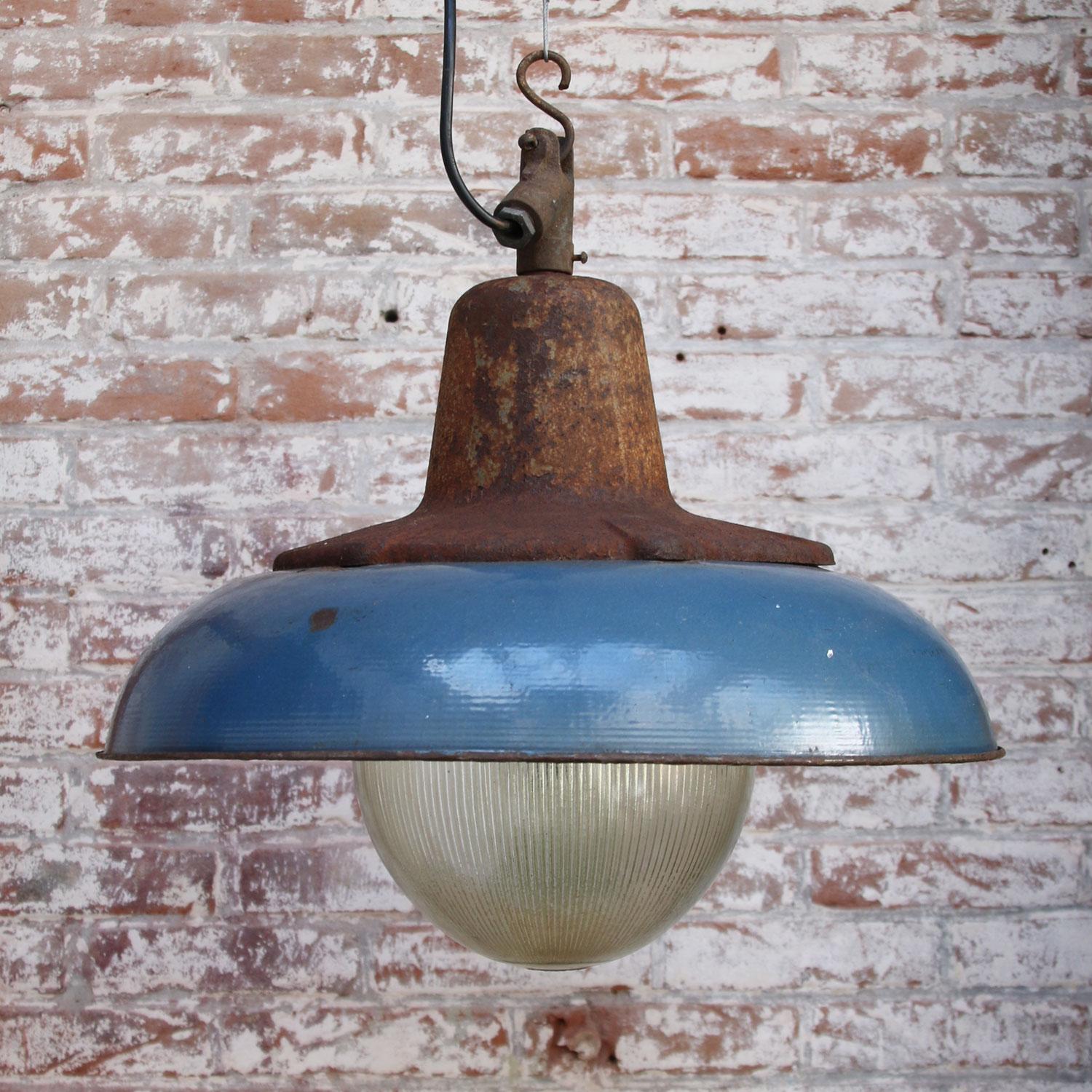 Blue Enamel Vintage Industrial Cast Iron Holophane Glass Pendant Lamps In Good Condition In Amsterdam, NL