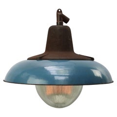 Blue Enamel Vintage Industrial Cast Iron Holophane Glass Pendant Lamps