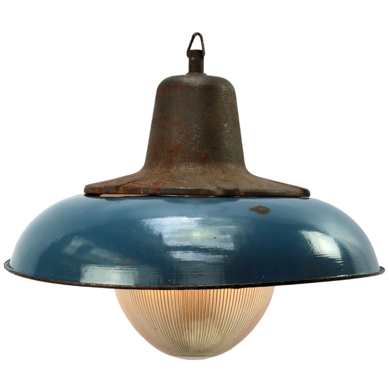 Blue Enamel Vintage Industrial Cast Iron Holophane Glass Pendant Lamps (10x)