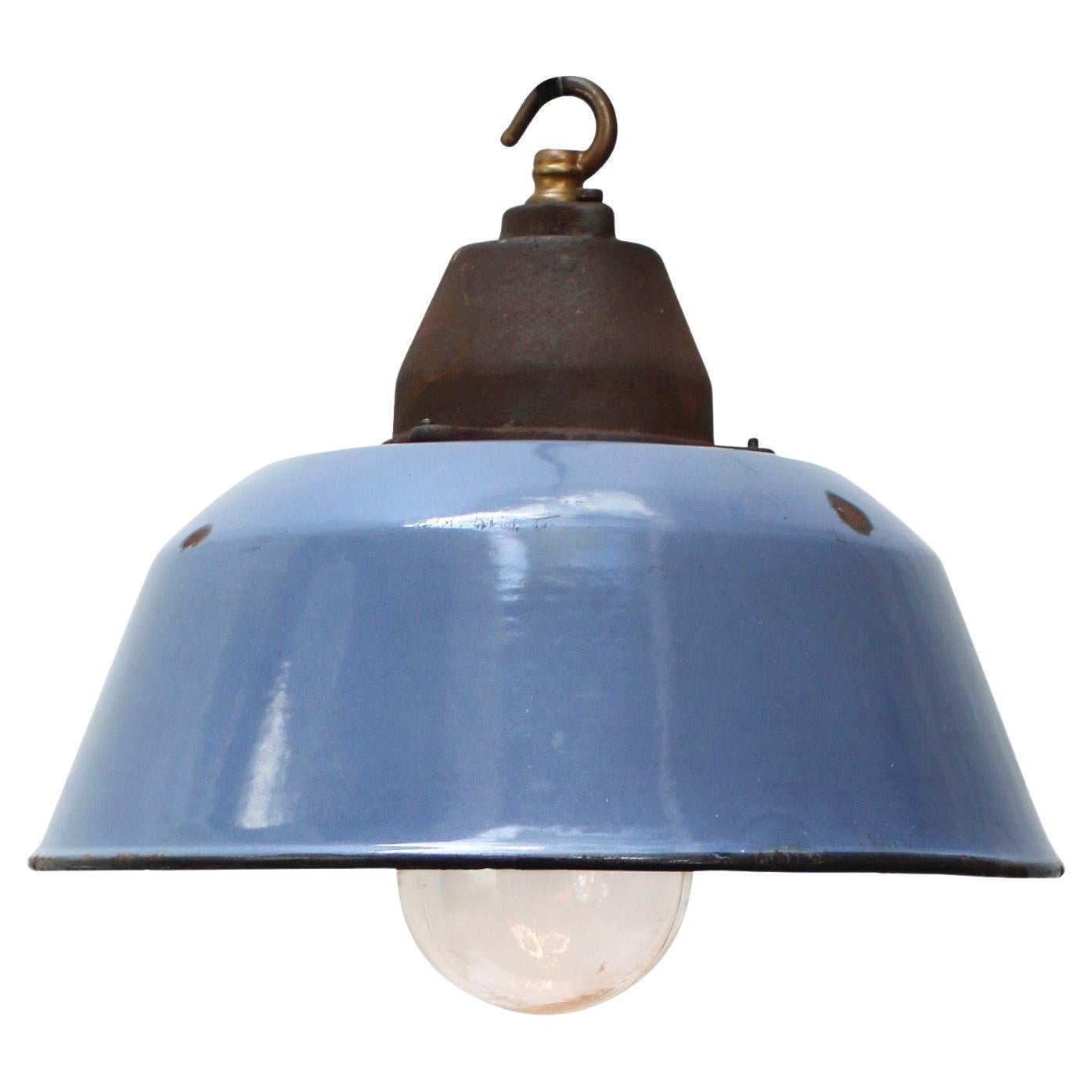 Ciondolo in ghisa con smalto blu, vetro trasparente industriale d'epoca