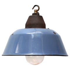 Blue Enamel Vintage Industrial Clear Glass Cast Iron Pendant Light