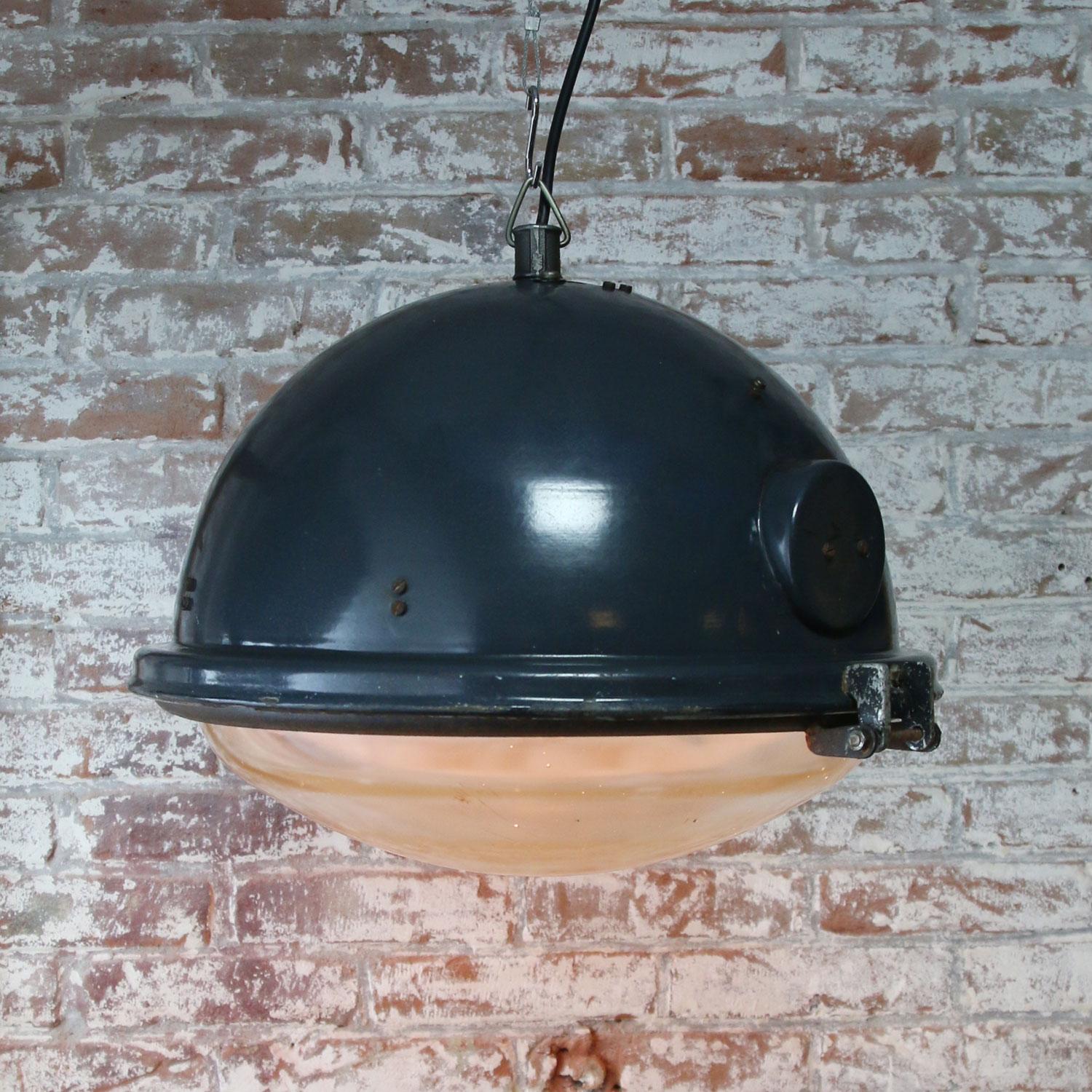 Hungarian Blue Enamel Vintage Industrial Clear Glass Pendant Lamps