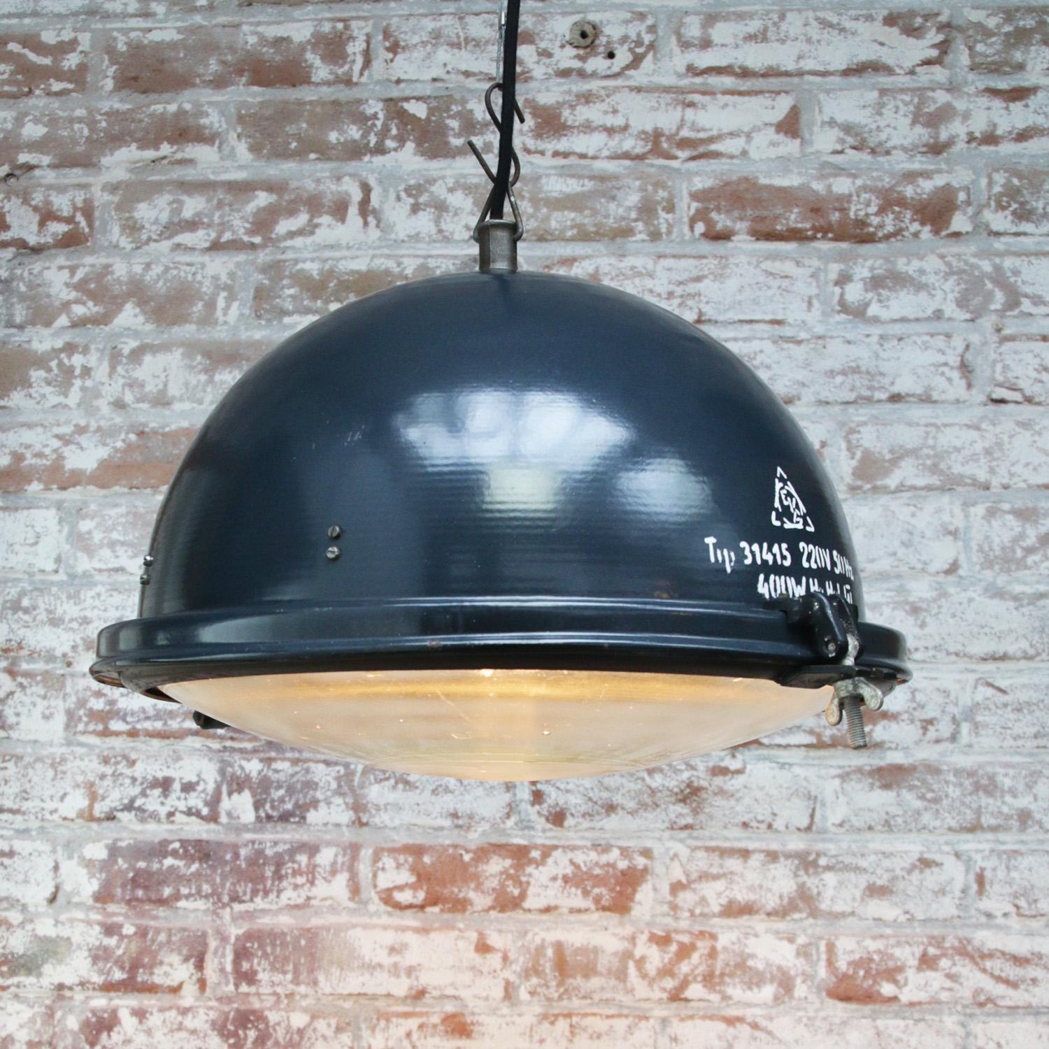 Blue Enamel Vintage Industrial Clear Glass Pendant Lamps In Good Condition For Sale In Amsterdam, NL